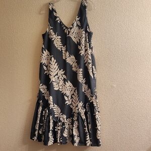 Chic Dark Gray and White Leaf Print Midi Dress Made In Hawaii B24 X